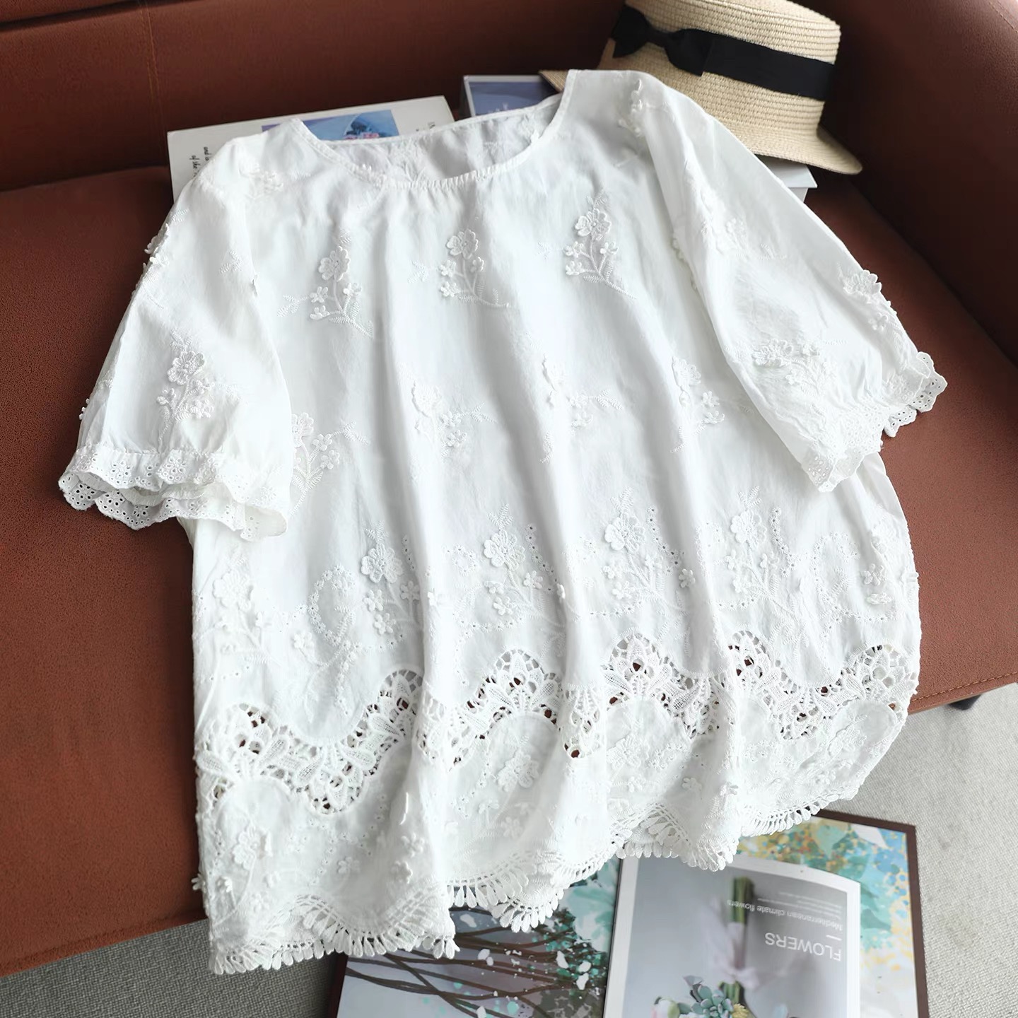 Embroidery Eyelet - 2026年女性用ヴィンテージホワイトコットンアイレットシャツブラウス森ガール半袖3D花柄刺繍コテージコアサマートップ