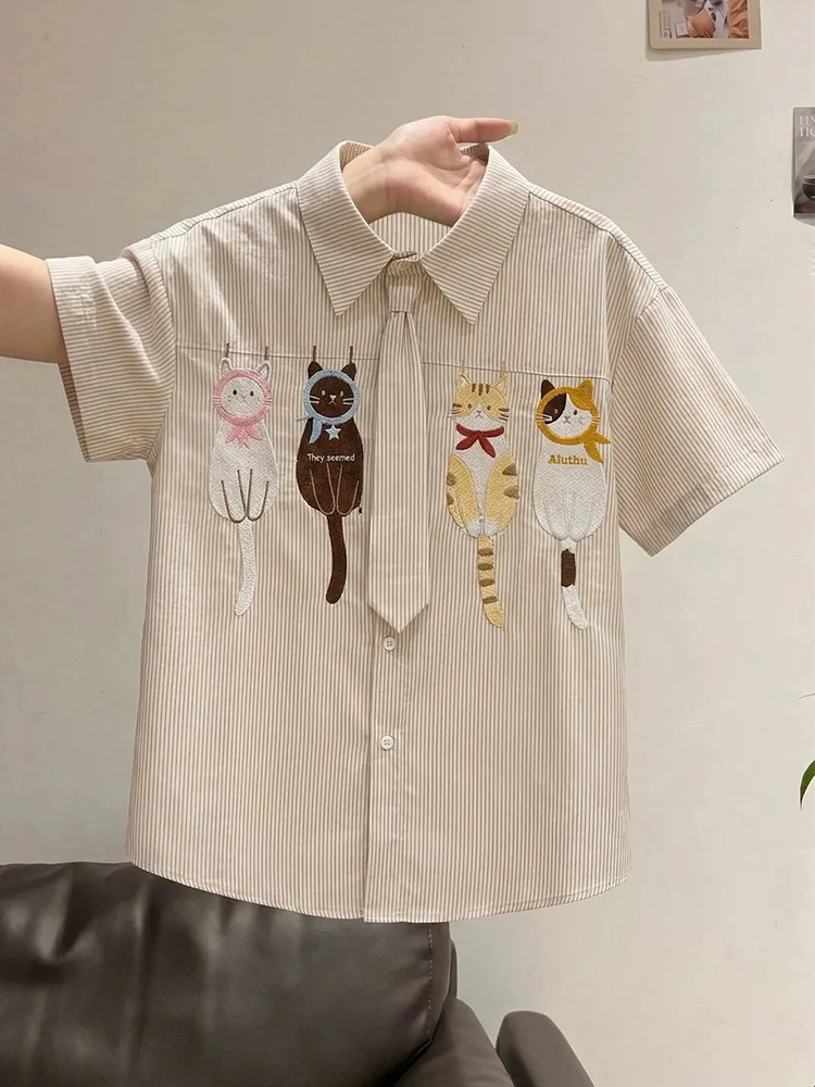 Embroidery On Shirt - かわいい漫画ネクタイシャツ女性ルーズファッションプレッピースタイル刺繍かわいいブラウスカジュアル Bf シック半袖甘いストライプトップス