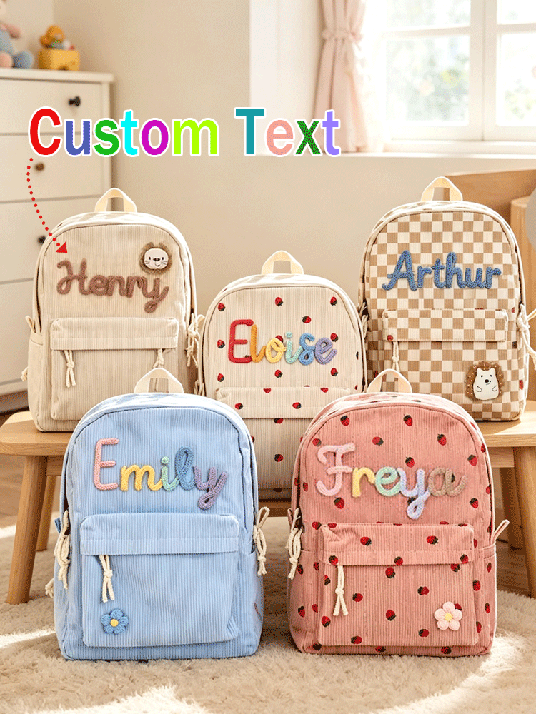 Embroidery Names - [カスタム] 名前入りパーソナライズされた新学期用バックパック – ストロベリー/チェック柄、軽量で広々としたトラベルバックパック