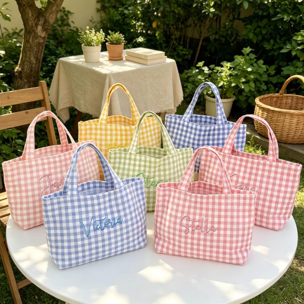 Embroidery Names - 1個入りパーソナライズされたカスタムテキスト/名前刺繍入りチェック柄トートバッグ、複数の色から選択可能、かわいいキャンバスバッグ、パーティーの記念品