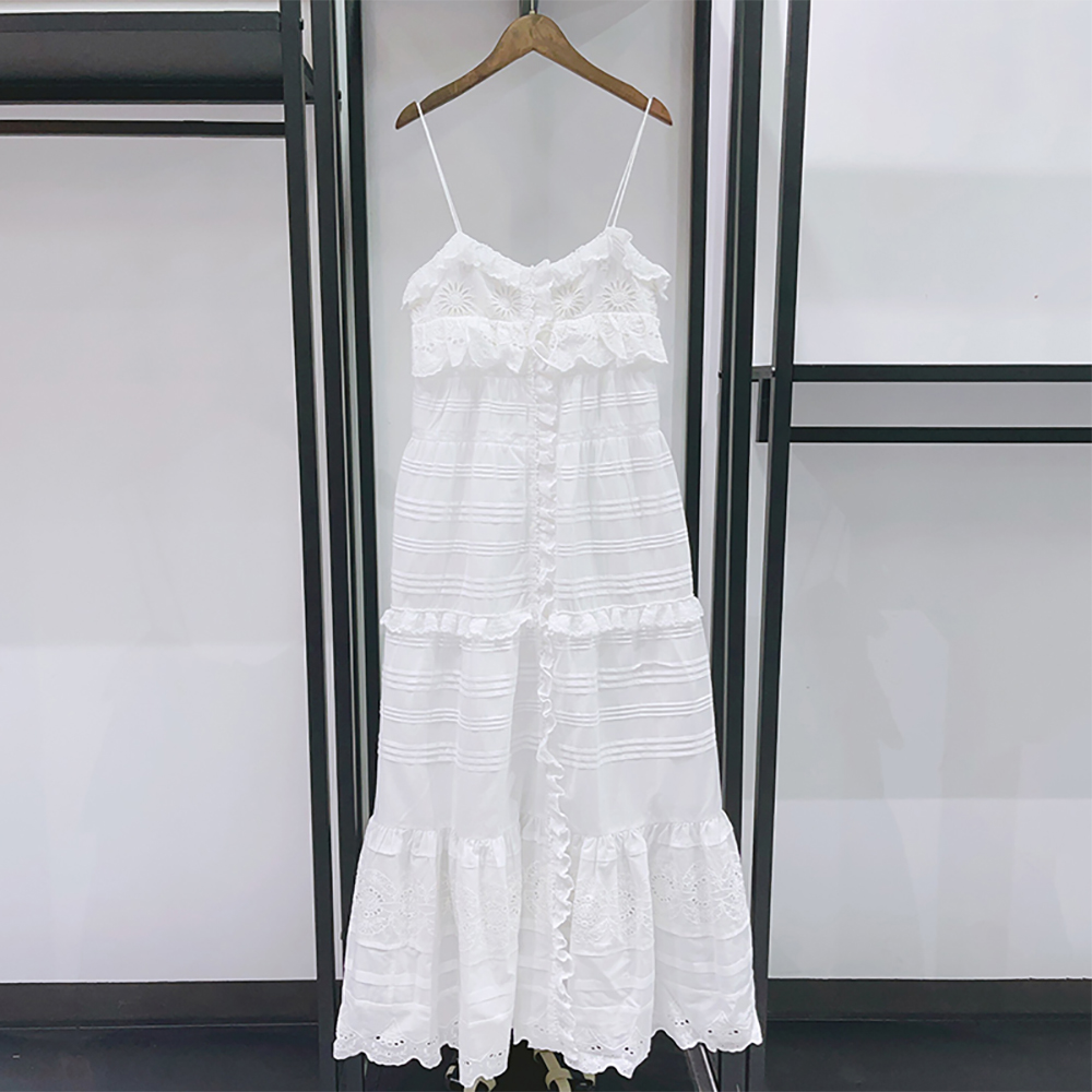 Embroidery Eyelet - 2026年夏 女性用100%コットン スパゲッティストラップ マキシ丈ワンピース アイレットフリル ティアードロングワンピース
