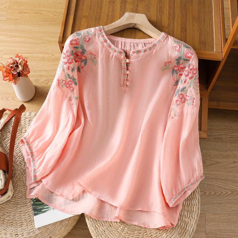 Embroidery On Shirt - 中国風の婦人服ブラウスヴィンテージ刺繍シャツルーズ夏服半袖コットンリネン女性トップス