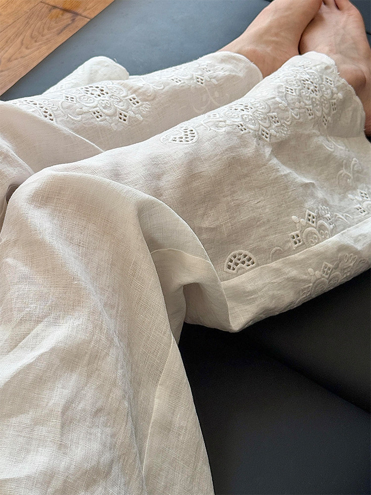 Embroidery Artist - 和風芸術刺繍ワイドレッグパンツ女性夏薄い弾性ウエストコットンリネンカジュアル9ポイントストレートチューブパンツ