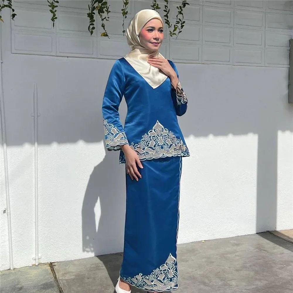 Embroidery Baju - ファッション女性用ツーピースアバヤセット、ムスリム刺繍サテンのトップスとスカート、控えめなドレス、ドバイパーティーガウン、イスラム服、バジュクルン