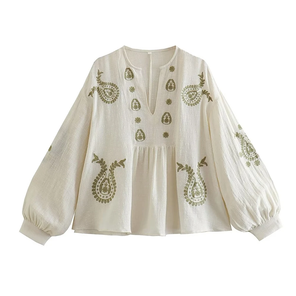 Embroidery On Shirt - 女性のためのゆったりとした綿の刺embroideryシャツ,長袖トップ,エレガント,新しい