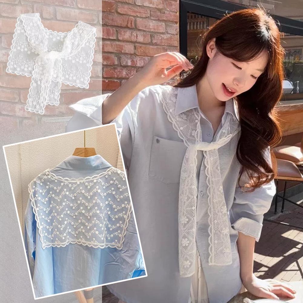Embroidery On Shirt - フレンチレースショールスカーフ女性用エレガントな中空花柄刺繍フェイクカラーシャツラップ夏の日焼け止めアクセサリー