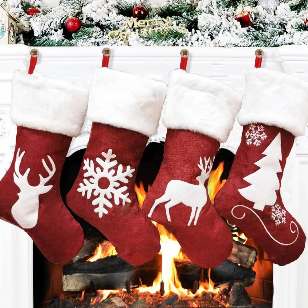 Embroidery Xmas Stocking - 赤いサンタの靴下、エルク、雪の結晶、ギフトバッグ、クリスマス刺繍ソックス、クリスマスペンダント、メリークリスマスの家の装飾、2025年ノエルのお気に入り