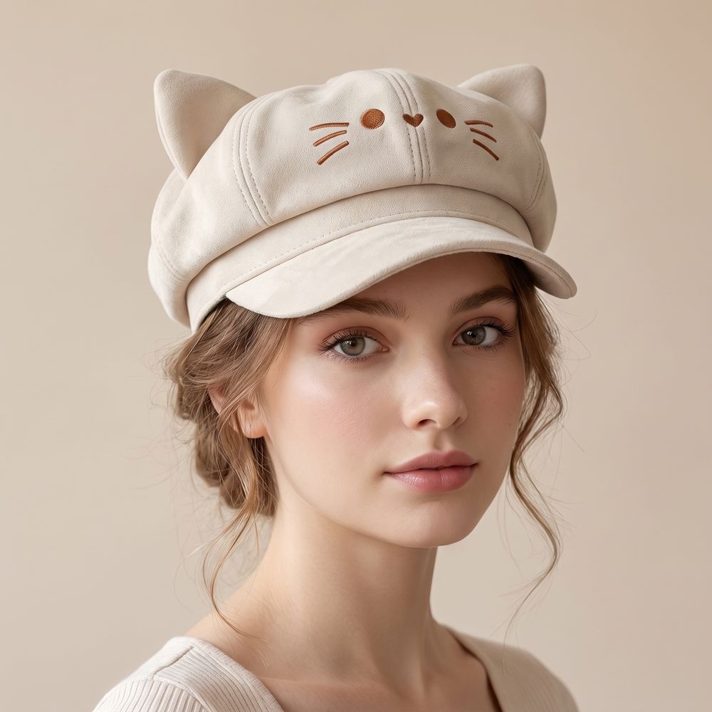 Embroidery Artist - かわいい刺繍入り猫耳ベレー帽 スパイスガール ロリータ ペインターアーティストキャップ キュートなY2Kニュースボーイハット デイリーユース