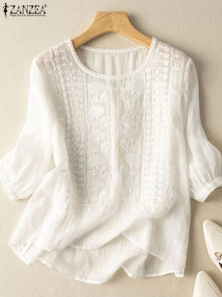 Embroidery On Shirt - ZANZEA エレガントな女性の刺繍ブラウス秋 2024 3/4 パフスリーブ透明 Blusas
