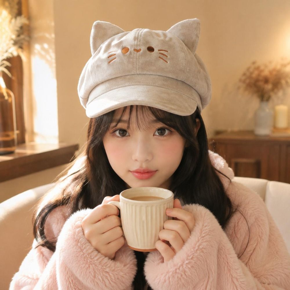 Embroidery Artist - ファッション刺繍入り猫耳ベレー帽 スパイスガール ロリータ オクタゴンハット Y2K キュートな画家風アーティストキャップ