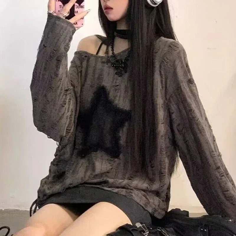 Embroidery On Shirt - Y2K ホールスタープリント Tシャツ女性ファッションストリートオフショルダートップス夏特大 Kpop 長袖ルーズ Tシャツレディース新