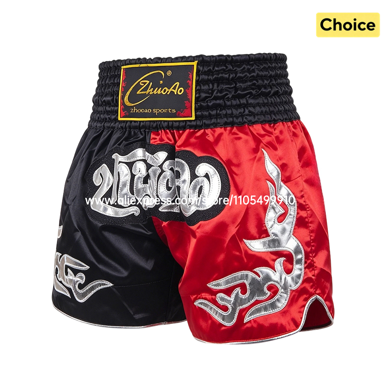 Embroidery Artist - 黒赤ムエタイショーツサテンボクシングショーツ男性女性子供刺繍MMA武道キックボクシングケージファイトトレーニングパンツ