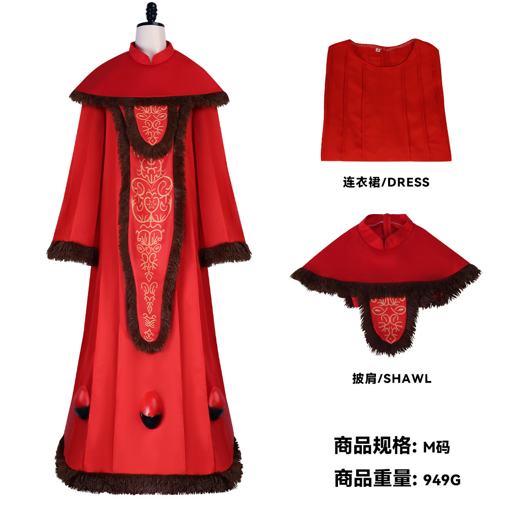 Embroidery Dress - 女性用レトロな赤い刺繍ローブとファー付きショールセット 中世風ノーブルロングドレス ハロウィンカーニバルパーティーコスプレ衣装