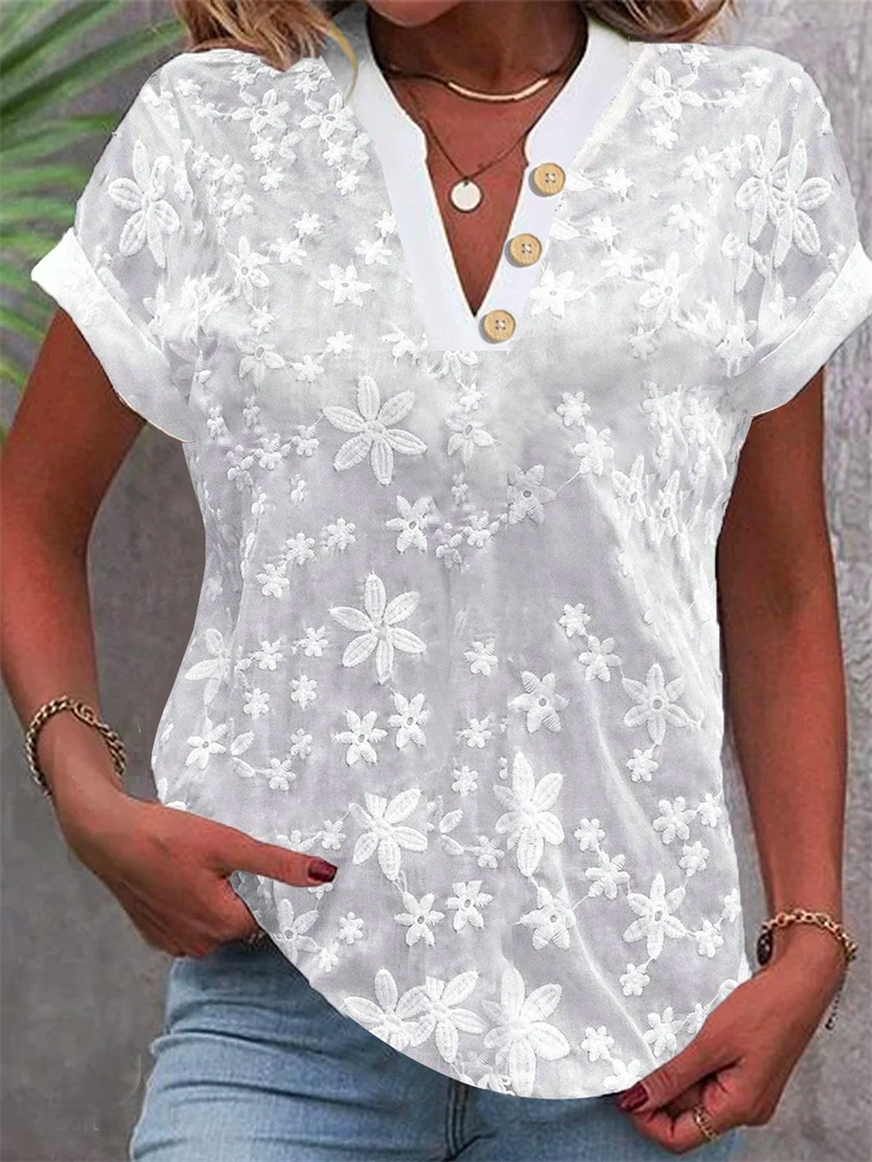女性のための白い花柄の刺繍ブラウス,エレガント,半袖,Vネッ - Embroidery On Shirt のレビューと価格