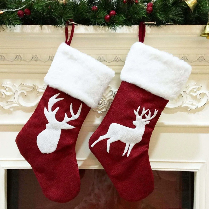 赤いサンタの靴下、エルク、雪の結晶、ギフトバッグ、クリスマス - Embroidery Xmas Stocking のレビューと価格