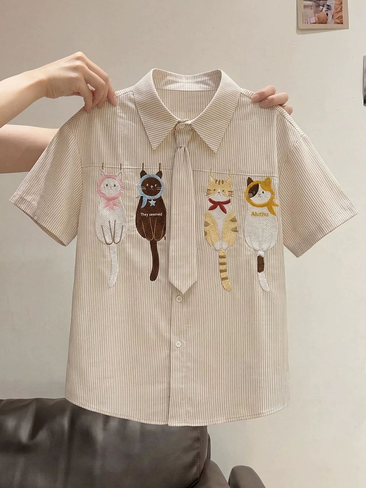かわいい漫画ネクタイシャツ女性ルーズファッションプレッピース - Embroidery On Shirt のレビューと価格