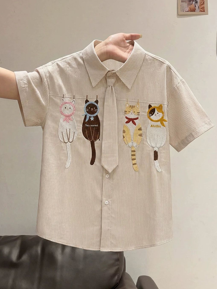 かわいい漫画ネクタイシャツ女性ルーズファッションプレッピース - Embroidery On Shirt のレビューと価格