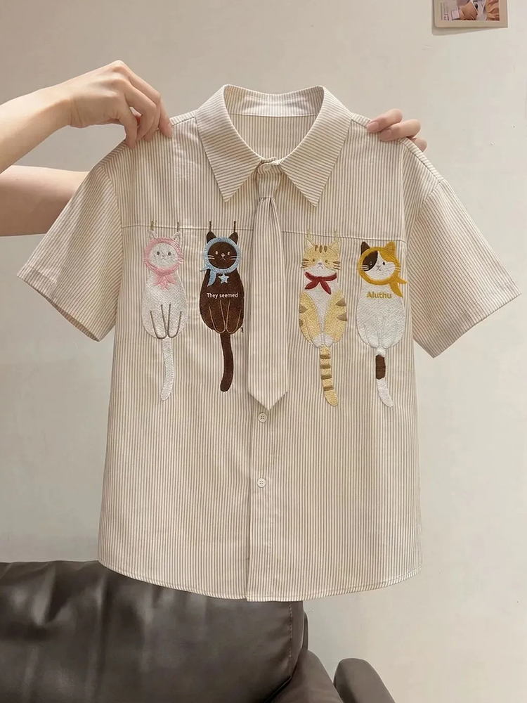 かわいい漫画ネクタイシャツ女性ルーズファッションプレッピース - Embroidery On Shirt のレビューと価格