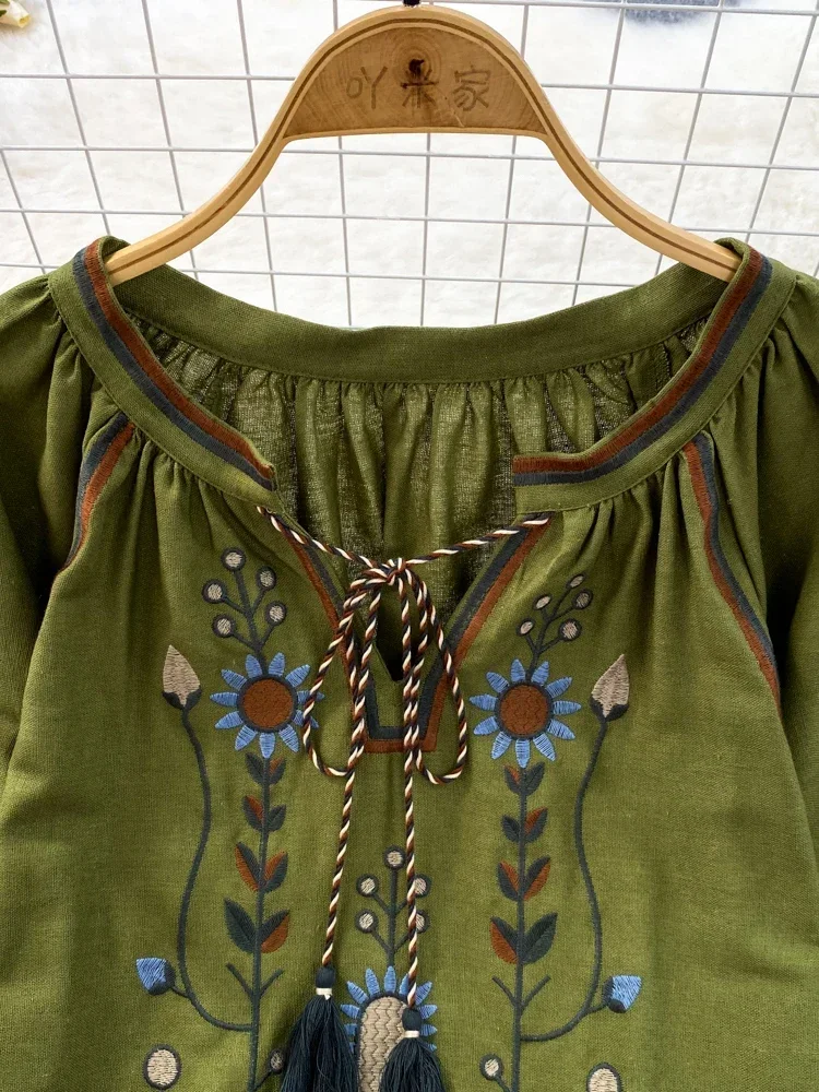 女性春ブラウスエスニックスタイルレトロ文学ルーズ刺繍コットン - Embroidery On Shirt のレビューと価格