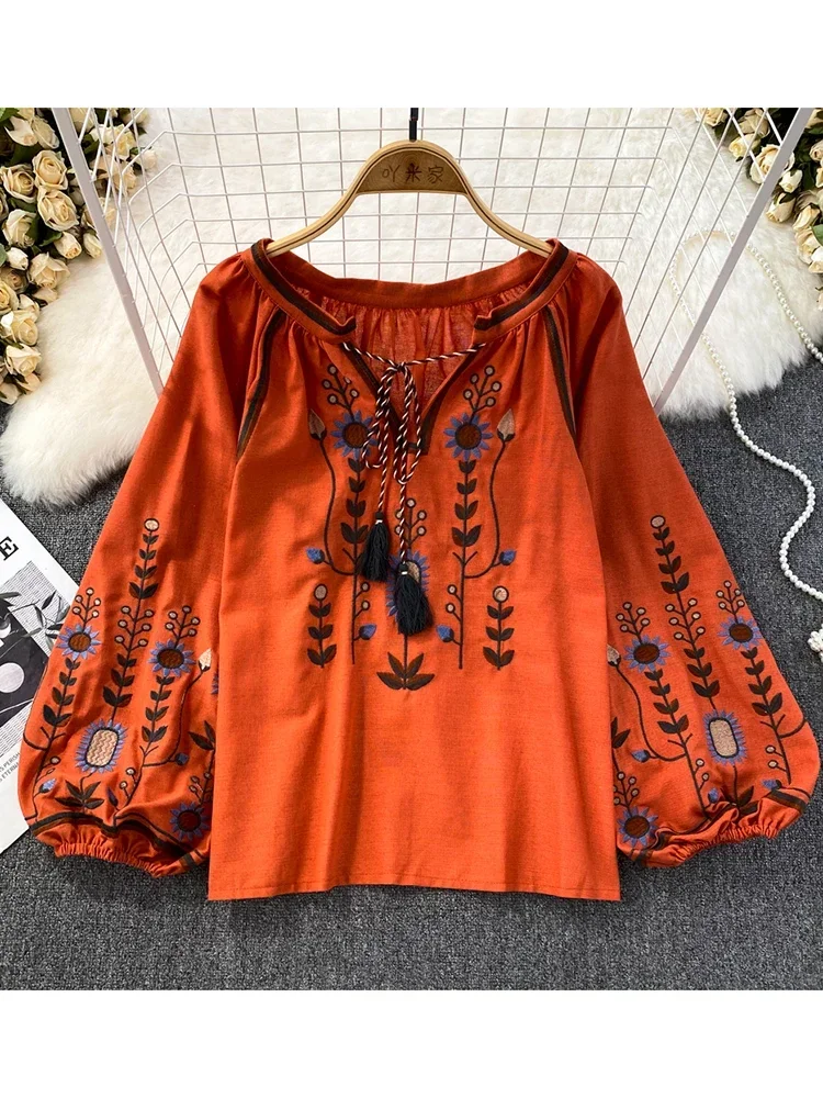 女性春ブラウスエスニックスタイルレトロ文学ルーズ刺繍コットン - Embroidery On Shirt のレビューと価格