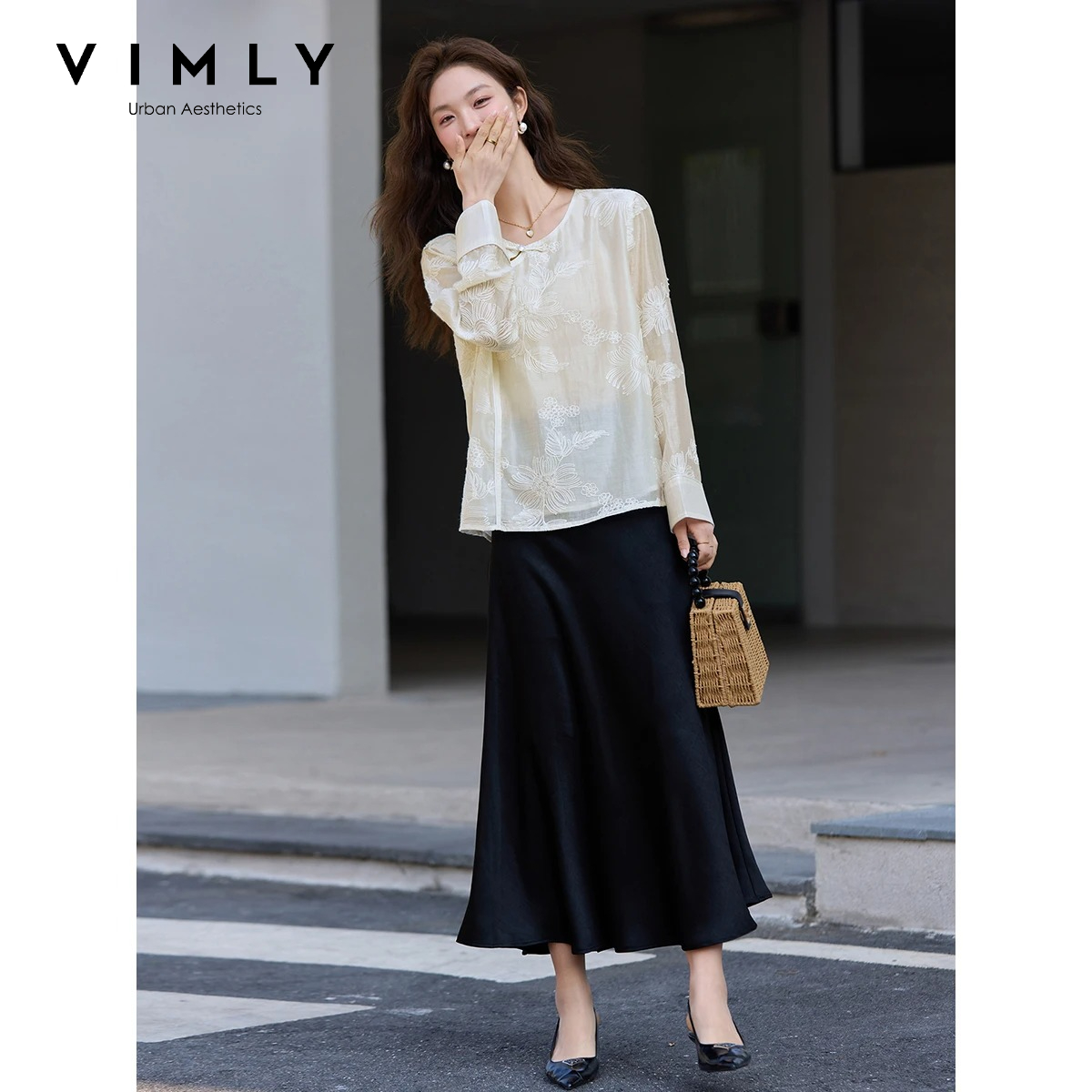 VIMLY アプリコット 新中国風刺繍入りシフォンブラウス  - Embroidery On Shirt のレビューと価格
