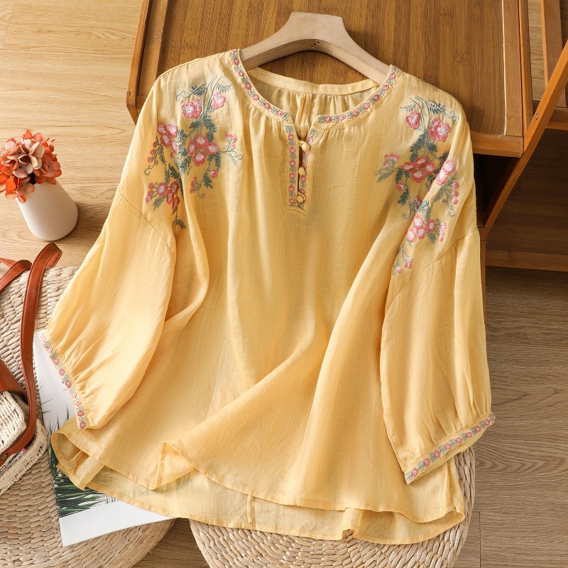 中国風の婦人服ブラウスヴィンテージ刺繍シャツルーズ夏服半袖コ - Embroidery On Shirt のレビューと価格