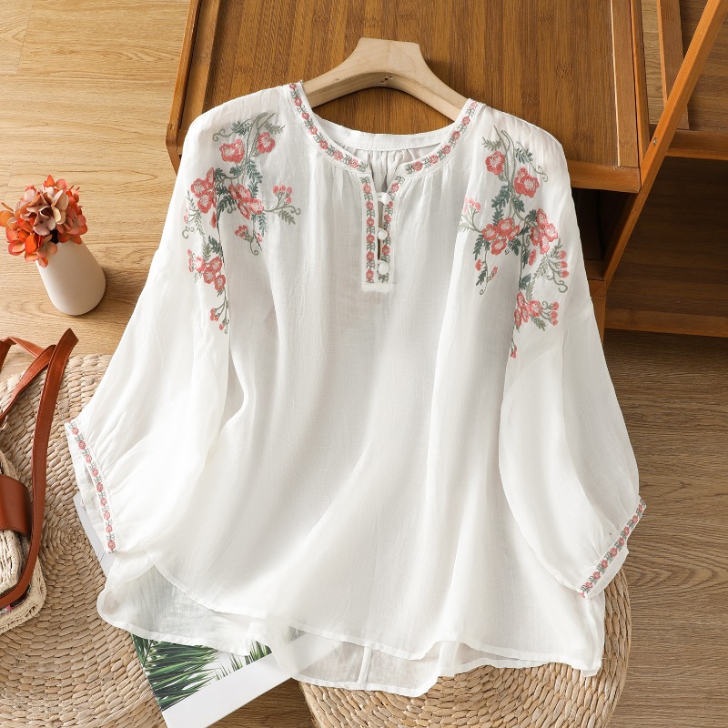 中国風の婦人服ブラウスヴィンテージ刺繍シャツルーズ夏服半袖コ - Embroidery On Shirt のレビューと価格