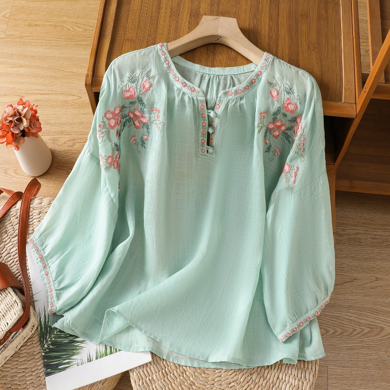 中国風の婦人服ブラウスヴィンテージ刺繍シャツルーズ夏服半袖コ - Embroidery On Shirt のレビューと価格