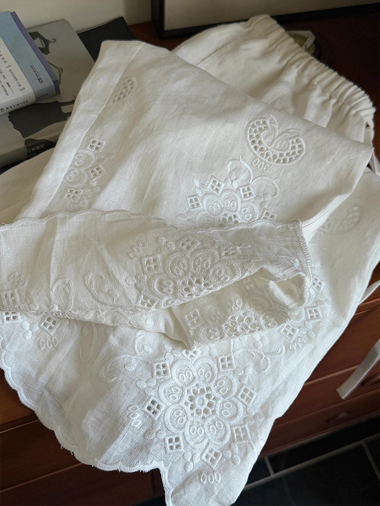 和風芸術刺繍ワイドレッグパンツ女性夏薄い弾性ウエストコットン - Embroidery Artist のレビューと価格