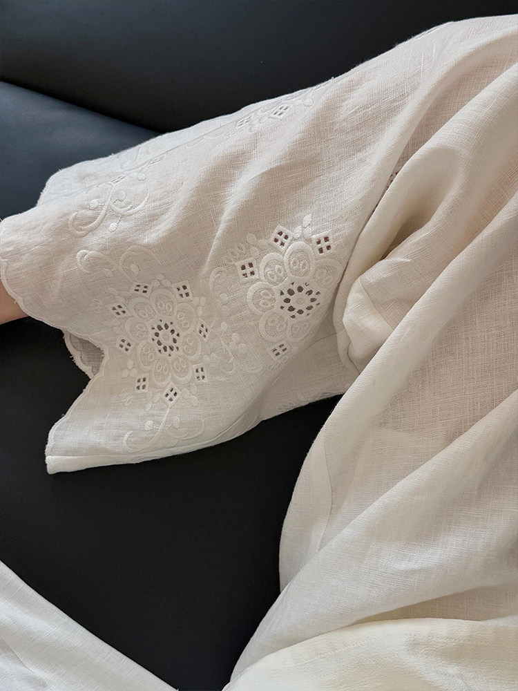 和風芸術刺繍ワイドレッグパンツ女性夏薄い弾性ウエストコットン - Embroidery Artist のレビューと価格