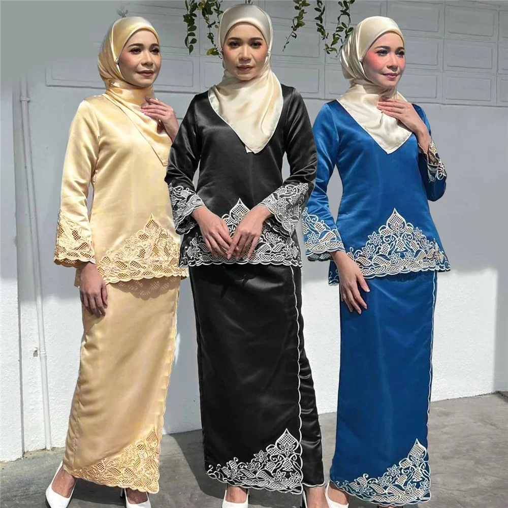 ファッション女性用ツーピースアバヤセット、ムスリム刺繍サテン - Embroidery Baju のレビューと価格