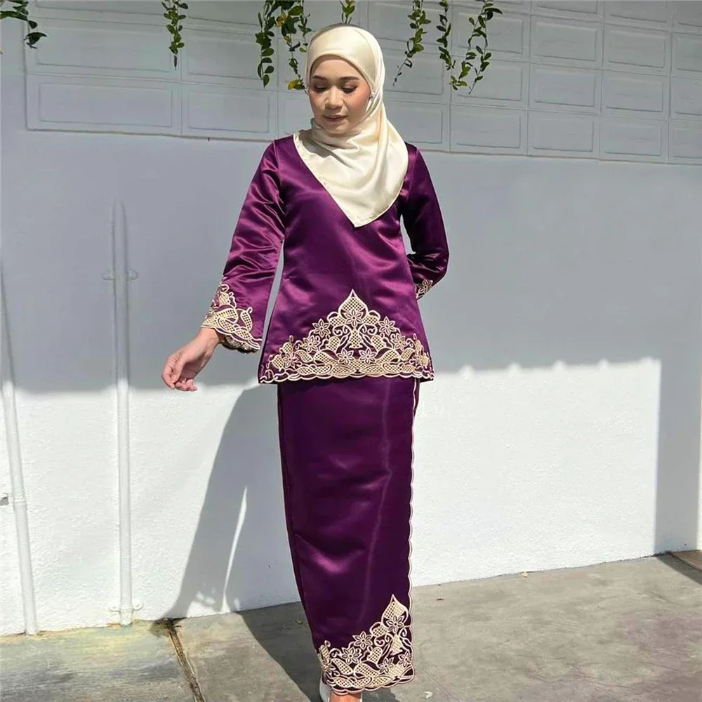ファッション女性用ツーピースアバヤセット、ムスリム刺繍サテン - Embroidery Baju のレビューと価格