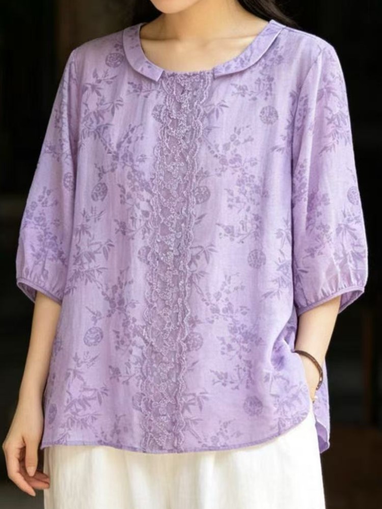 夏シフォン芸術的な刺繍ルーズシャツ女性痩身軽量半袖軽量ラミー - Embroidery Artist のレビューと価格
