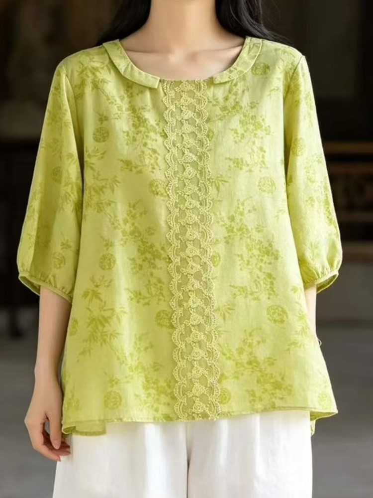夏シフォン芸術的な刺繍ルーズシャツ女性痩身軽量半袖軽量ラミー - Embroidery Artist のレビューと価格