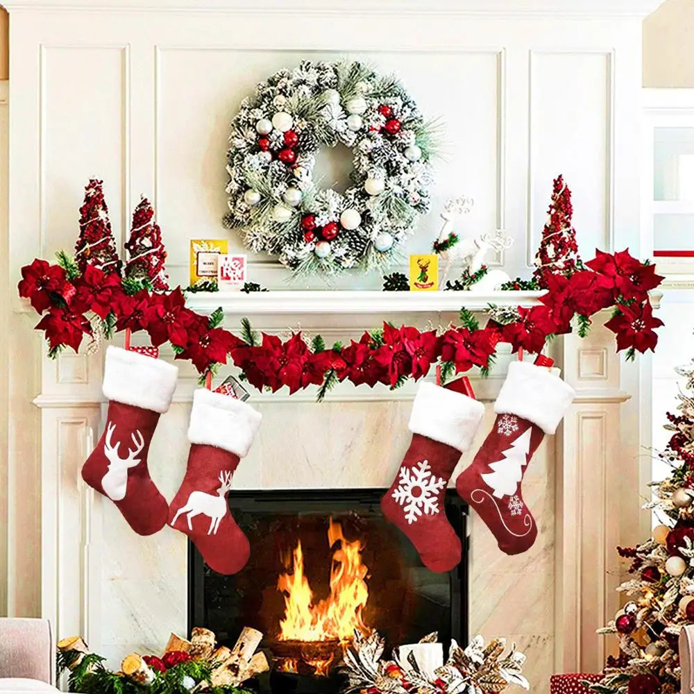 赤いサンタの靴下、エルク、雪の結晶、ギフトバッグ、クリスマス - Embroidery Xmas Stocking のレビューと価格