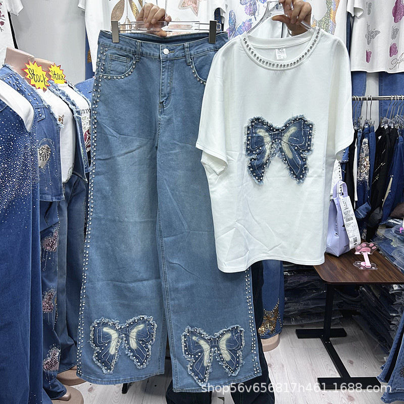 春夏新作ゆったりレディースツーピースセット刺繍蝶柄白半袖Tシ - Embroidery On Shirt のレビューと価格