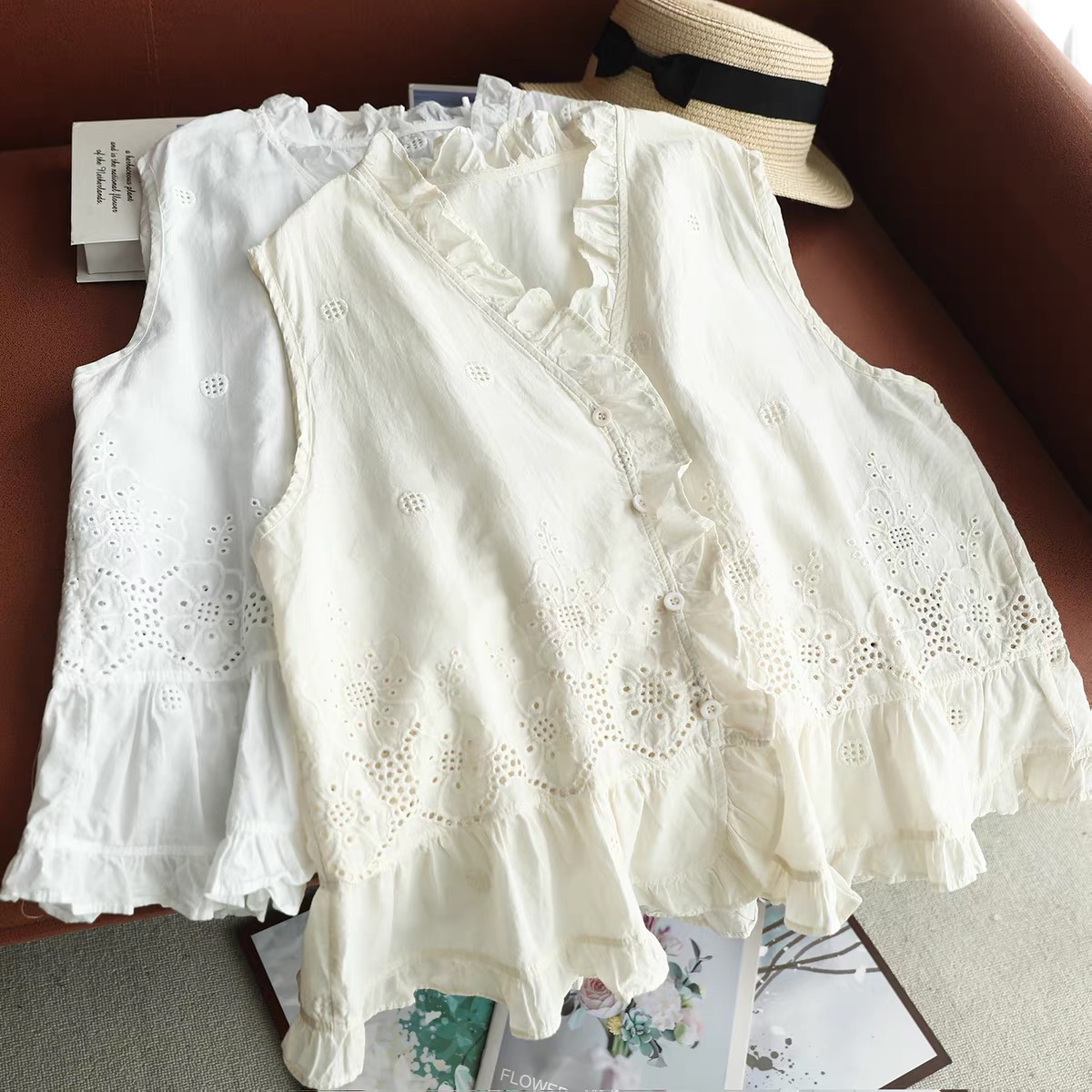 女性ノースリーブベストトップフリル V ネックブラウス中空ア - Embroidery Eyelet のレビューと価格