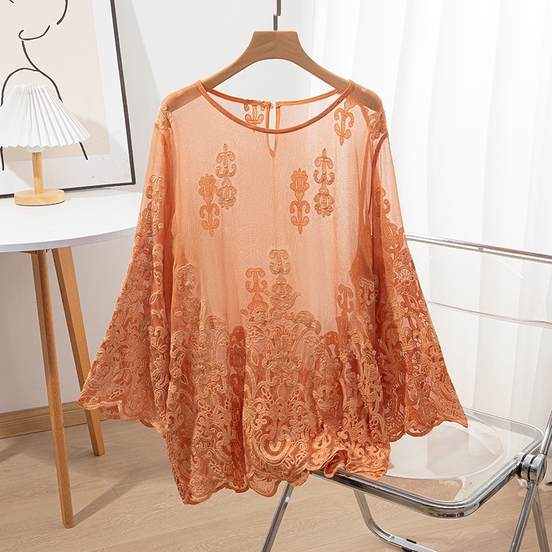 100% 桑シルク女性長袖ブラウスオレンジ刺繍シルク薄い透明 - Embroidery On Shirt のレビューと価格