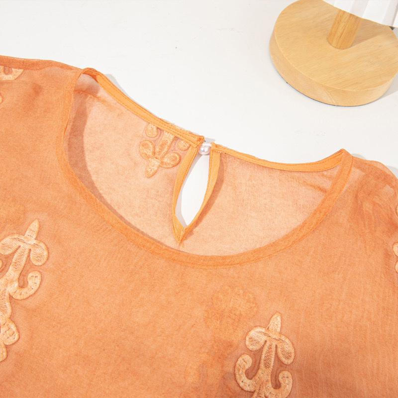 100% 桑シルク女性長袖ブラウスオレンジ刺繍シルク薄い透明 - Embroidery On Shirt のレビューと価格