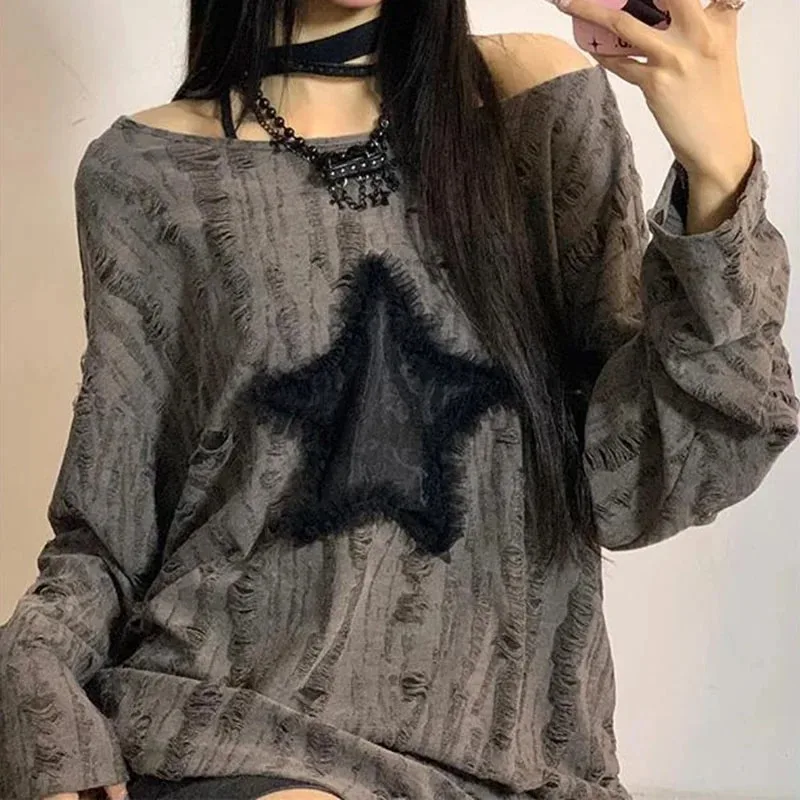Y2K ホールスタープリント Tシャツ女性ファッションストリ - Embroidery On Shirt のレビューと価格