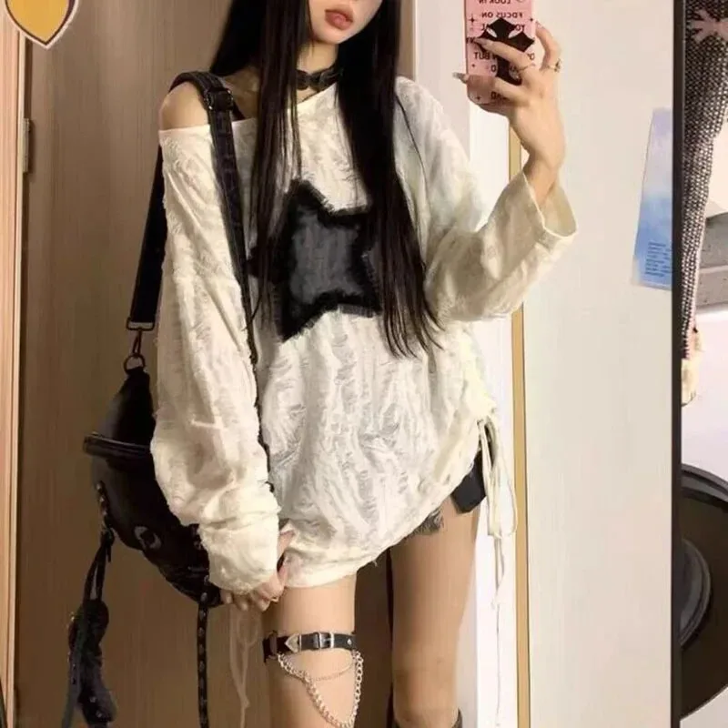 Y2K ホールスタープリント Tシャツ女性ファッションストリ - Embroidery On Shirt のレビューと価格
