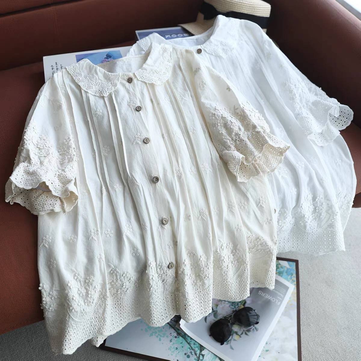 2026年女性用レースピーターパンカラーブラウス、100％コ - Embroidery Eyelet のレビューと価格