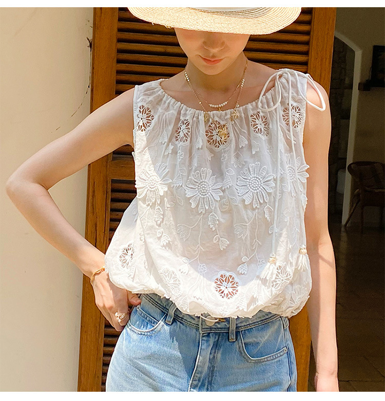 フレンチスタイルボヘミアン刺繍ブラウスシャツ白綿女性ノースリ - Embroidery Eyelet のレビューと価格