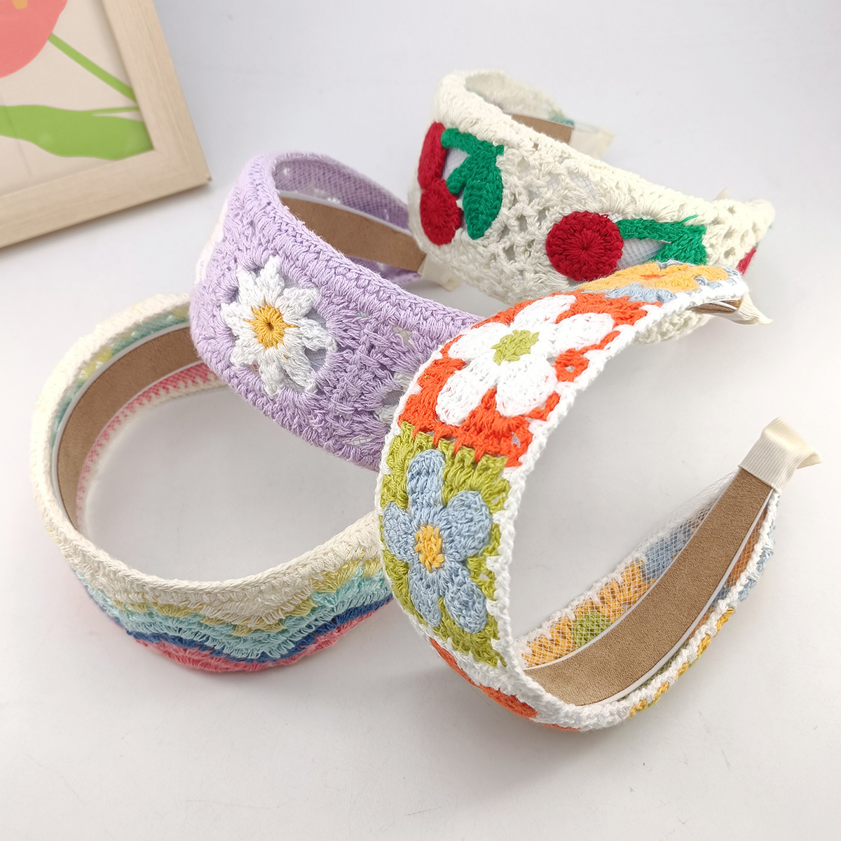 甘い花刺繍ガールヘアフープカラフルなニットウールワイドヘアバ - Embroidery Hoop Plastic のレビューと価格