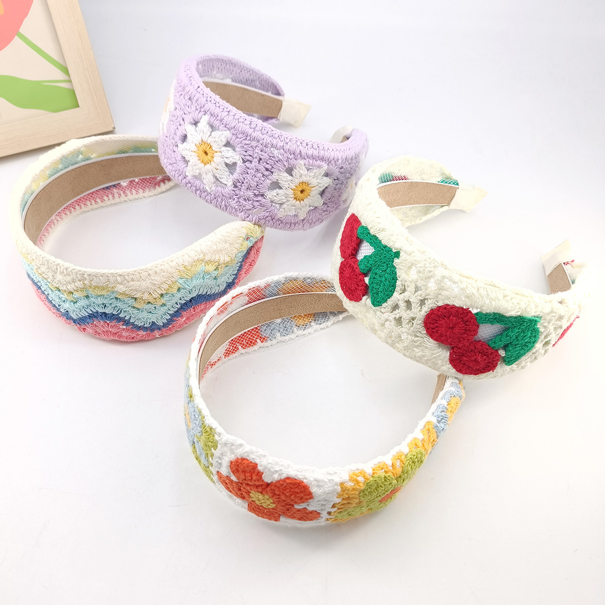 甘い花刺繍ガールヘアフープカラフルなニットウールワイドヘアバ - Embroidery Hoop Plastic のレビューと価格