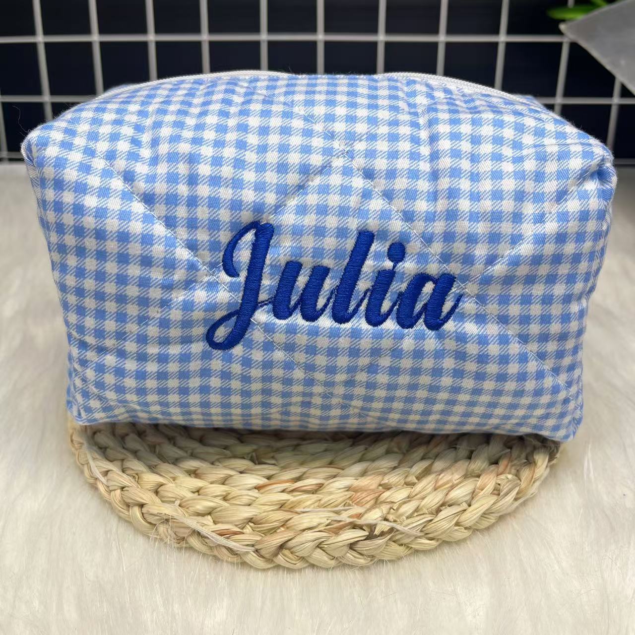 大容量ストライプ化粧品バッグ カスタムロゴと名前刺繍付き パ - Embroidery Names のレビューと価格
